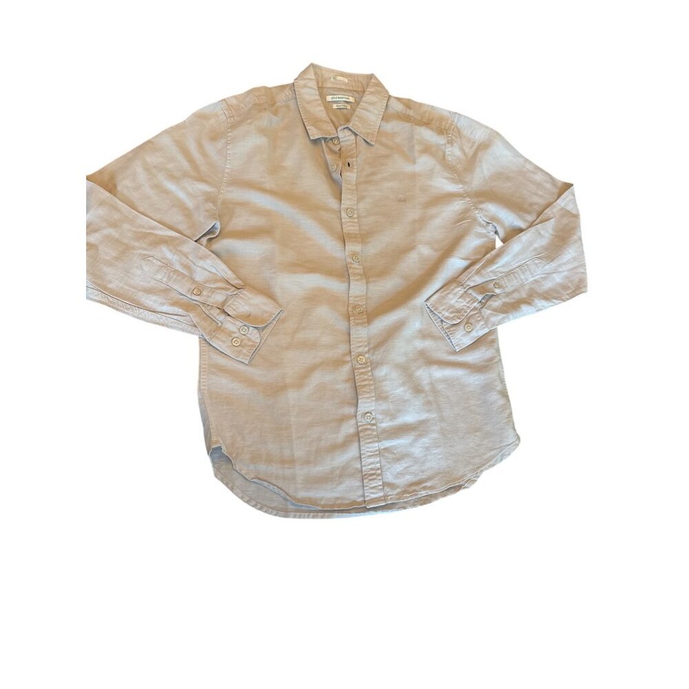 Mens Slim Fit Beige Button-Up‎ Shirt By Stile Benetton Long Sleeves Linen Cotton